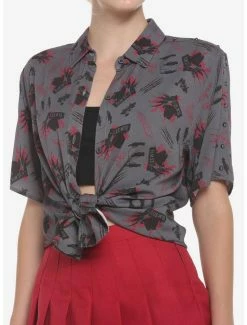 New ❤️ A Nightmare On Elm Street Studded Shoulder 🛒 Girls Woven Button-Up ⌛